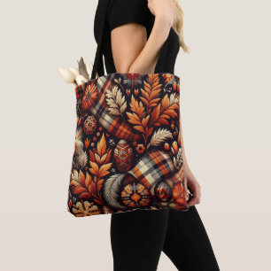 Fall Autumn Plaid Leaves Orange Black Pattern Tote Bag
