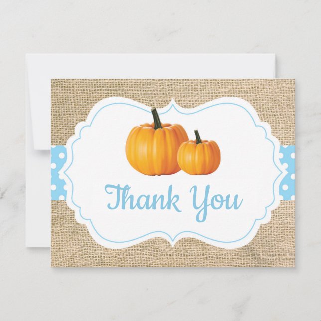 Fall Autumn Pumpkin Blue Burlap Thank You Card (Front)