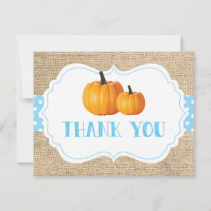 Fall Autumn Pumpkin Blue Burlap Thank You Card