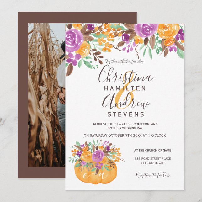 Fall autumn pumpkin floral orange photo wedding invitation (Front/Back)