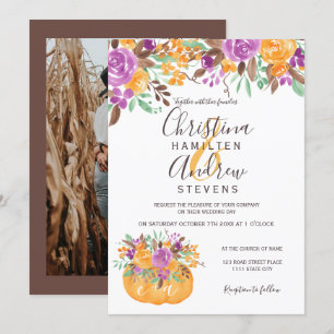 Fall autumn pumpkin floral orange photo wedding invitation