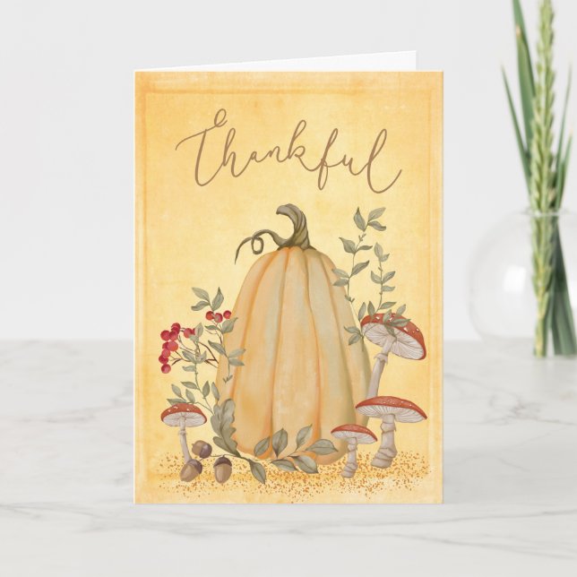 Fall Autumn Pumpkin Floral Thankful Thanksgiving Card (Front)