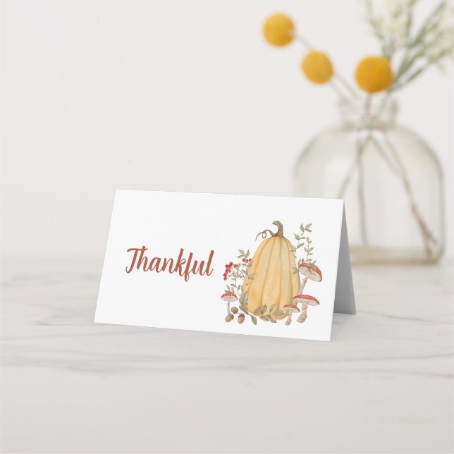 Fall Autumn Pumpkin Floral Thankful Thanksgiving Place Card (Front)