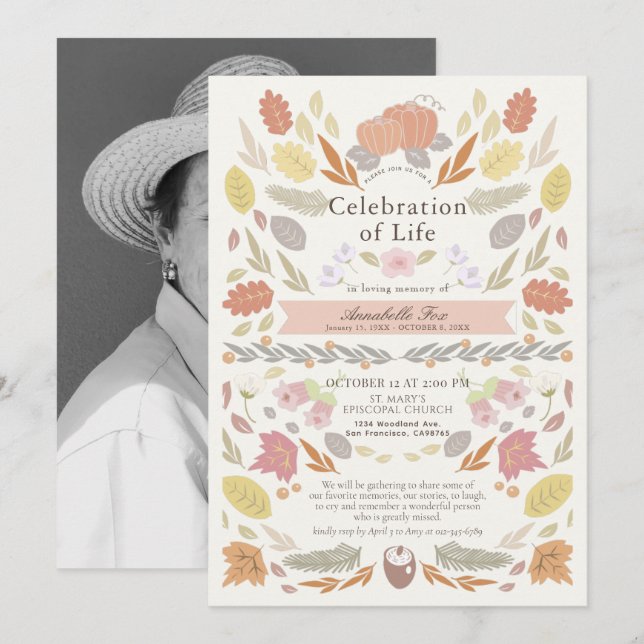 Fall Autumn Pumpkin Foliage Funeral Memorial Invitation (Front/Back)