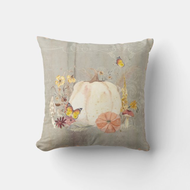 Fall Autumn Pumpkin Mushroom Floral Butterflies Cushion (Front)