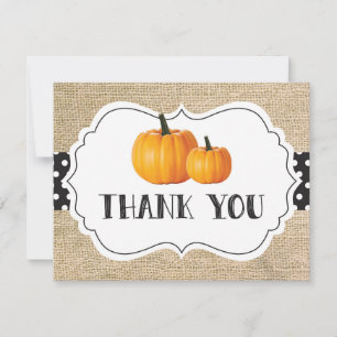 Fall Autumn Pumpkin Orange Black and White Burlap Thank You Card
