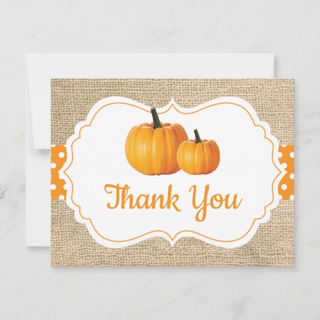 Fall Autumn Pumpkin Orange Burlap Thank You Card (Front)