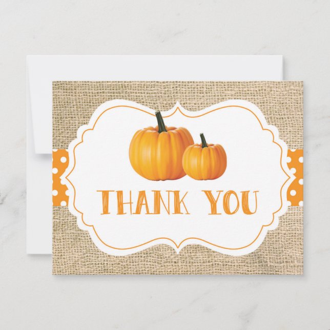 Fall Autumn Pumpkin Orange Burlap Thank You Card (Front)