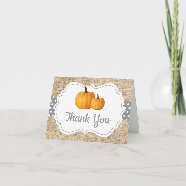 Fall Autumn Pumpkin Orange Grey and White Burlap Thank You Card (Front)