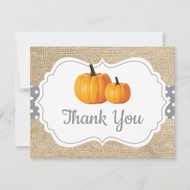 Fall Autumn Pumpkin Orange Grey and White Burlap Thank You Card (Front)
