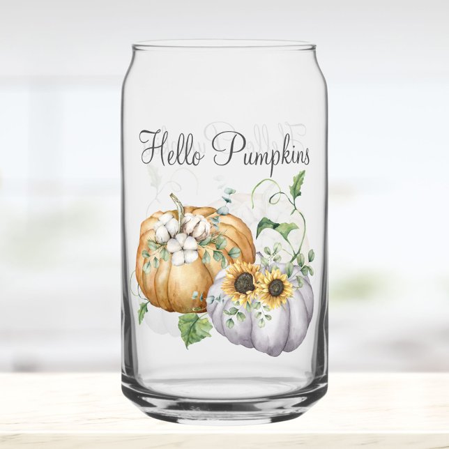 Fall Autumn Pumpkin Sunflower and Cotton Flowers Can Glass (Close up)