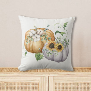 Fall Autumn Pumpkin Sunflower and Cotton Flowers Cushion