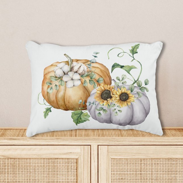 Fall Autumn Pumpkin Sunflower and Cotton Flowers Decorative Cushion (In situ)