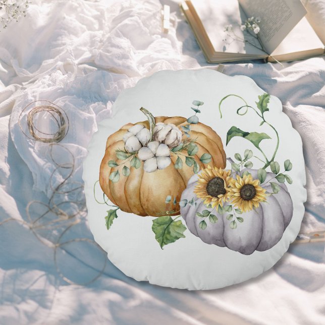 Fall Autumn Pumpkin Sunflower and Cotton Flowers Round Cushion (In situ)
