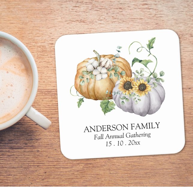 Fall Autumn Pumpkin Sunflower and Cotton Flowers Square Paper Coaster (In situ)