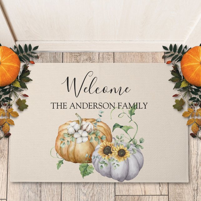 Fall Autumn Pumpkin Sunflower Cotton Flower Doormat (In situ)