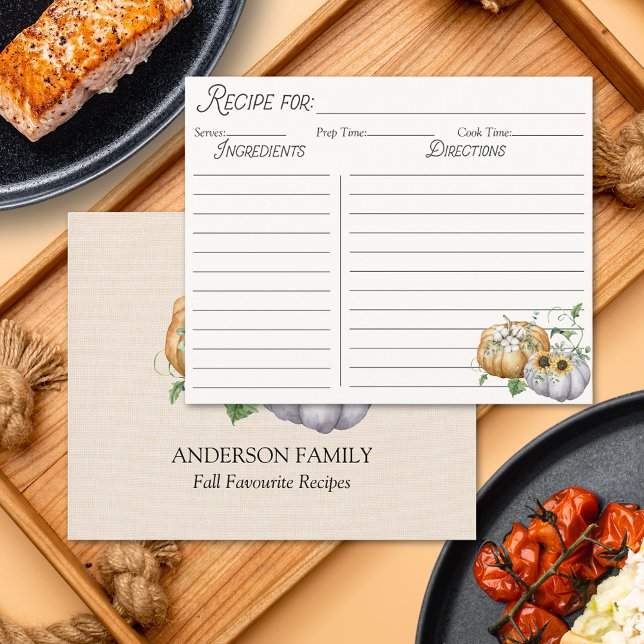Fall Autumn Pumpkin Sunflower Cotton Recipe Card (In situ)