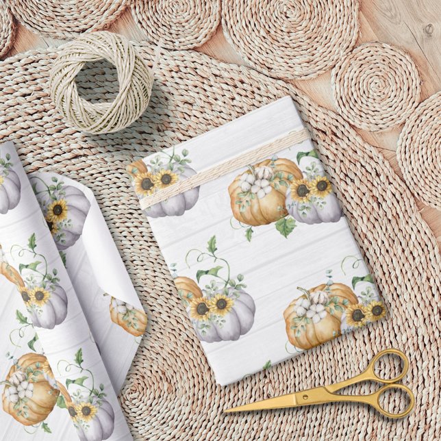 Fall Autumn Pumpkin Sunflower Harvest Pattern Wrapping Paper (In situ)