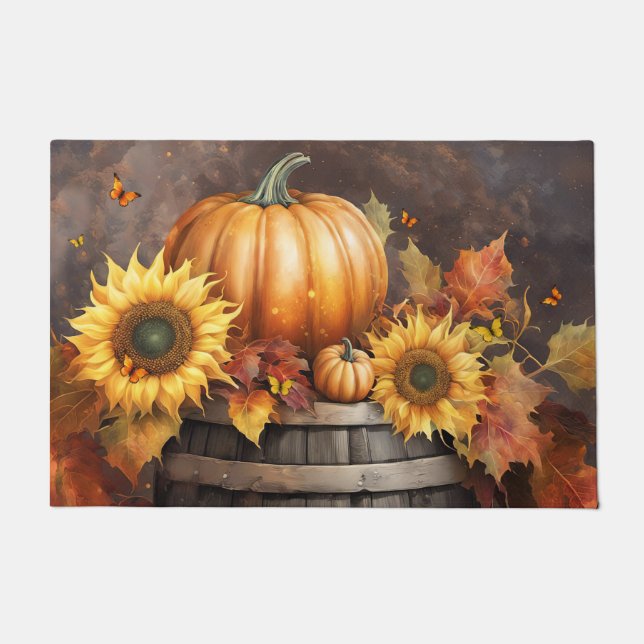Fall Autumn Pumpkin Sunflowers Country Doormat (Front)
