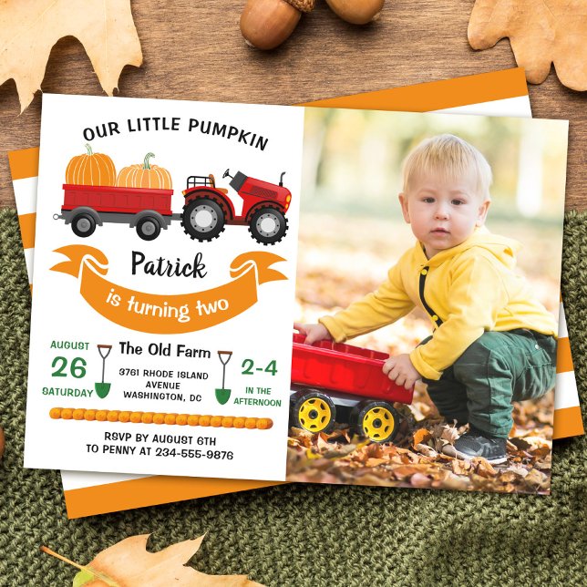 Fall Autumn Pumpkin Tractor Farm Photo Birthday Invitation (Creator Uploaded)