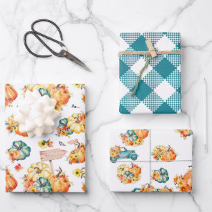 FALL AUTUMN PUMPKINS WATERCOLOR FLOWERS TRUCKS WRAPPING PAPER SHEET