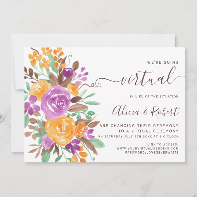 Fall autumn purple orange floral virtual wedding invitation (Front)