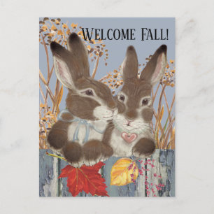 Fall Autumn Rabbit Bunny Leaves Whimsical Painting Holiday Postcard