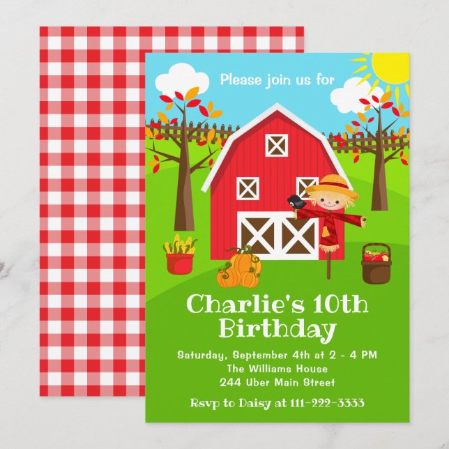 Fall Autumn Red Barnyard Birthday Invitation (Front/Back)