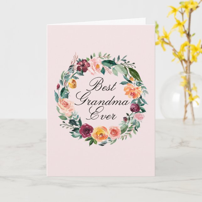 Fall Autumn Rose Flower Floral Wreath Best Grandma Card (Yellow Flower)