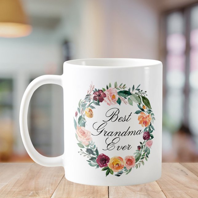 Fall Autumn Rose Flower Floral Wreath Best Grandma Coffee Mug (In situ)
