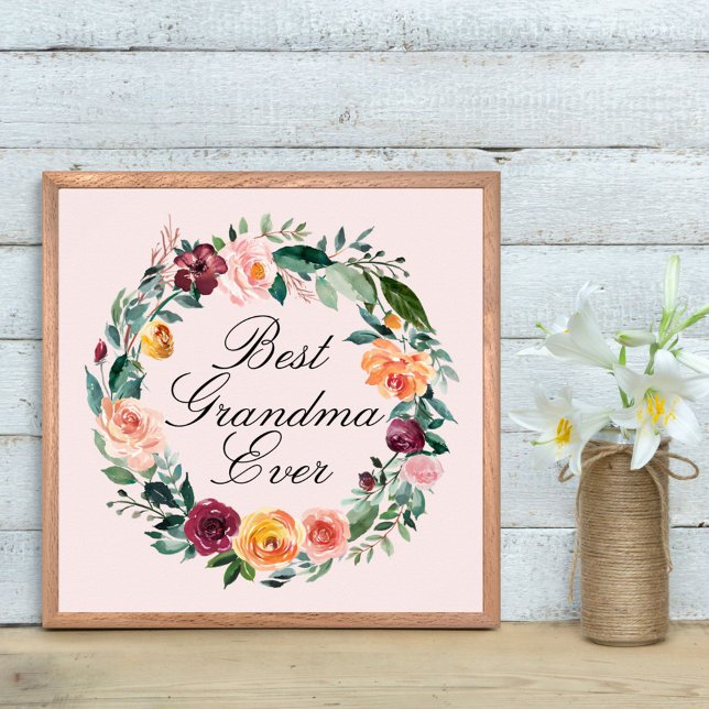 Fall Autumn Rose Flower Floral Wreath Best Grandma Poster (In situ)