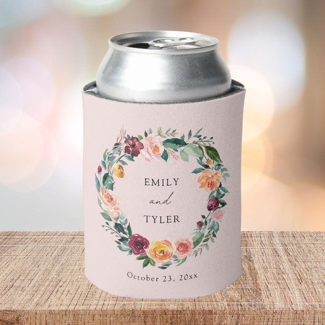 Fall Autumn Rose Flower Floral Wreath Wedding Can Cooler (In situ)