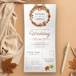 Fall Autumn Rustic Country Leaves Wreath Wedding Tri-Fold Invitation