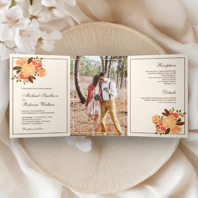 Fall Autumn Rustic Floral Photo Wedding Tri-Fold Invitation (Creator Uploaded)