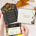 Fall autumn rustic floral wood pumpkin wedding all in one invitation<br><div class="desc">Beautiful rusty burnt orange autumn fall botanical leaves, flowers and pumpkin borders with strings of golden twinkle lights over a dark brown barn wood and ivory background making a charming elegant all in one wedding invitation with RSVP featuring a trendy handwriting faux gold typography script. If you don't need the...</div>