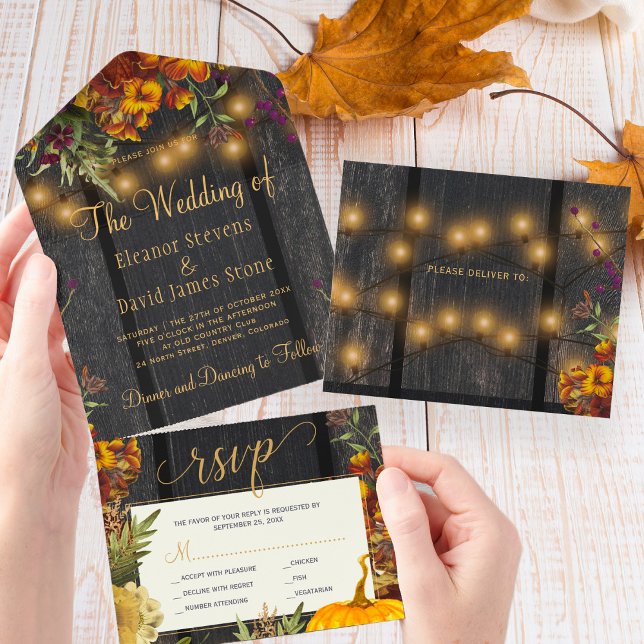 Fall autumn rustic floral wood pumpkin wedding all in one invitation (Creator Uploaded)