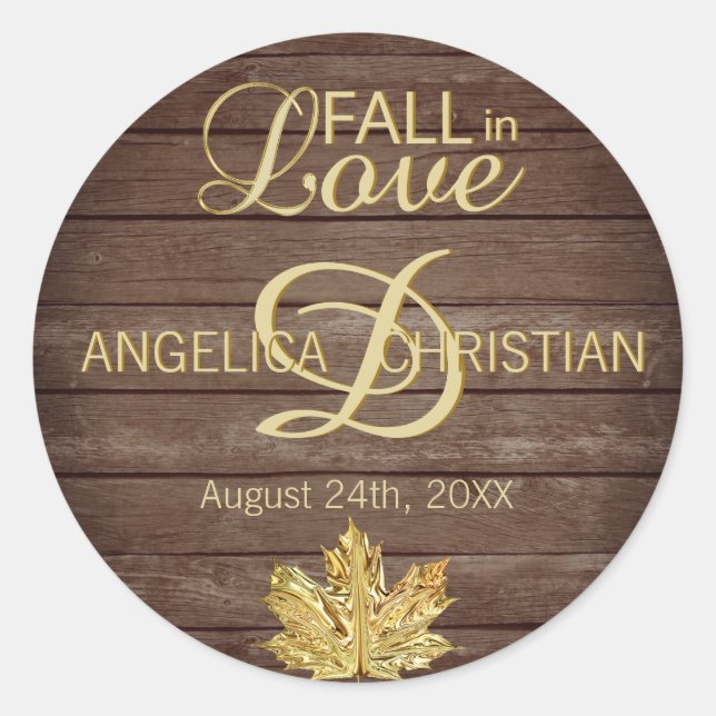 Fall Autumn Rustic Gold FALL IN LOVE Wedding Classic Round Sticker (Front)