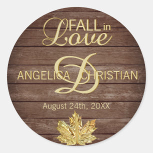 Fall Autumn Rustic Gold FALL IN LOVE Wedding Classic Round Sticker