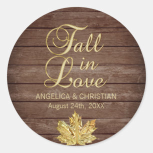 Fall Autumn Rustic Gold FALL IN LOVE Wedding Classic Round Sticker