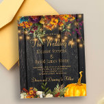 Fall autumn rustic wood budget wedding invitation<br><div class="desc">Beautiful rusty orange and dark burgundy autumn fall flowers and pumpkin borders with strings of golden twinkle lights over a dark brown barn wood background making a charming elegant budget affordable wedding invitation with a trendy handwriting gold typography script. Easy to personalise with your details! Suitable for traditional autumn fall...</div>