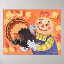 Fall Autumn Scarecrow and Turkey Art Print