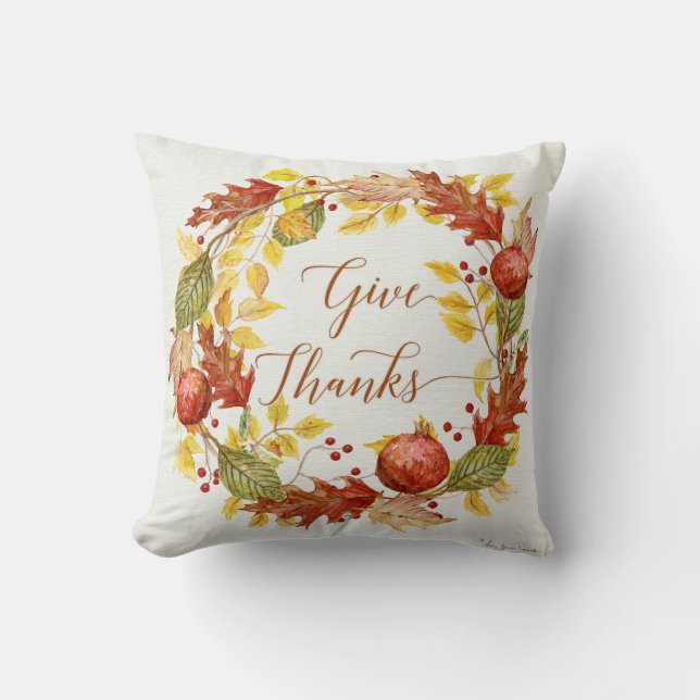 Fall Autumn Season Pomegranate Leaves Give Thanks Cushion (Front)