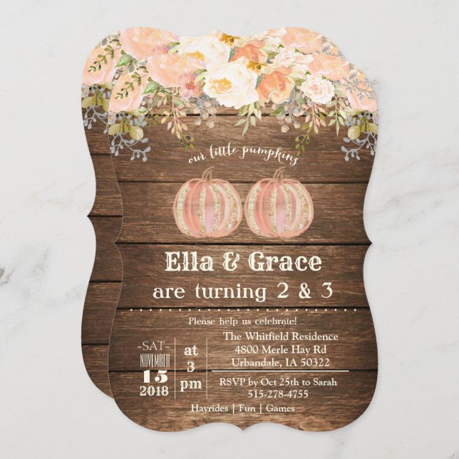 Fall Autumn Sibling Dual Twin Birthday Invitation (Front/Back)