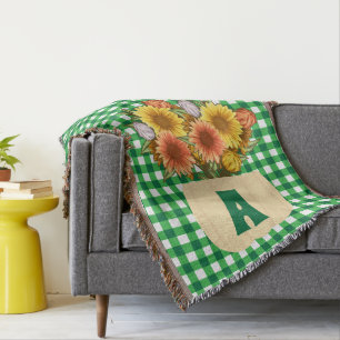 Fall Autumn Sunflowers & Pumpkins Green Gingham Throw Blanket