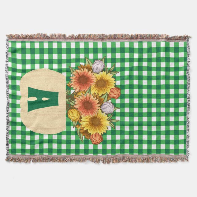 Fall Autumn Sunflowers & Pumpkins Green Gingham Throw Blanket (Front)