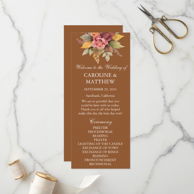 Fall Autumn Terracotta Floral Watercolor Wedding  Programme (Front/Back In Situ)