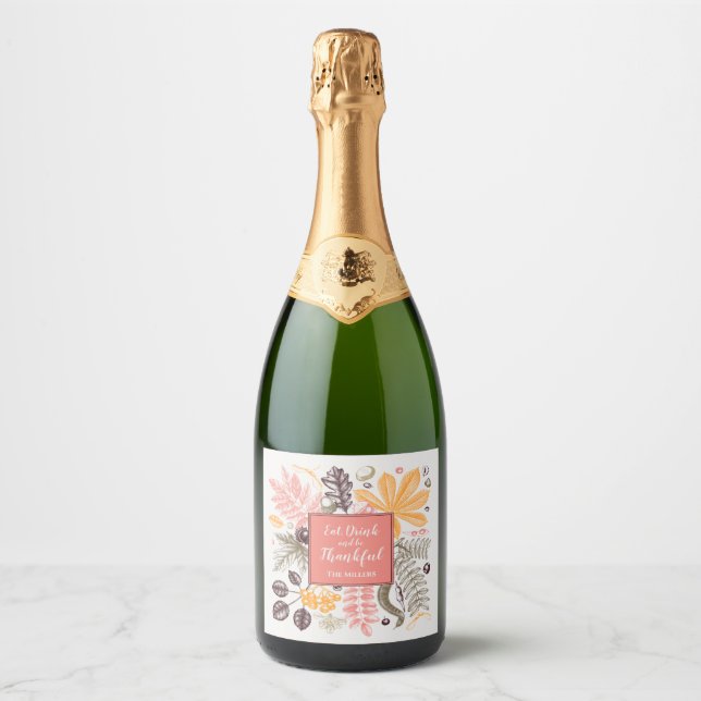 Fall Autumn Thanksgiving Botanicals Sparkling Wine Label (Front)