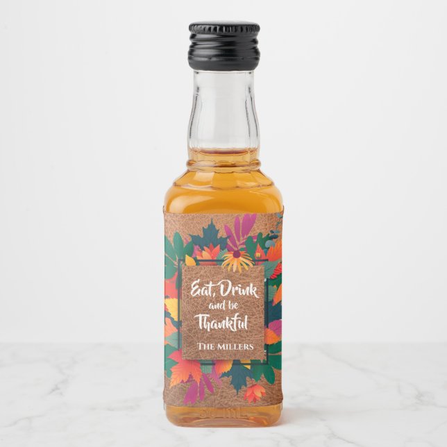 Fall Autumn Thanksgiving Leaves on Leather Liquor Bottle Label (Front)