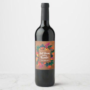Fall Autumn Thanksgiving Leaves on Leather Wine Label