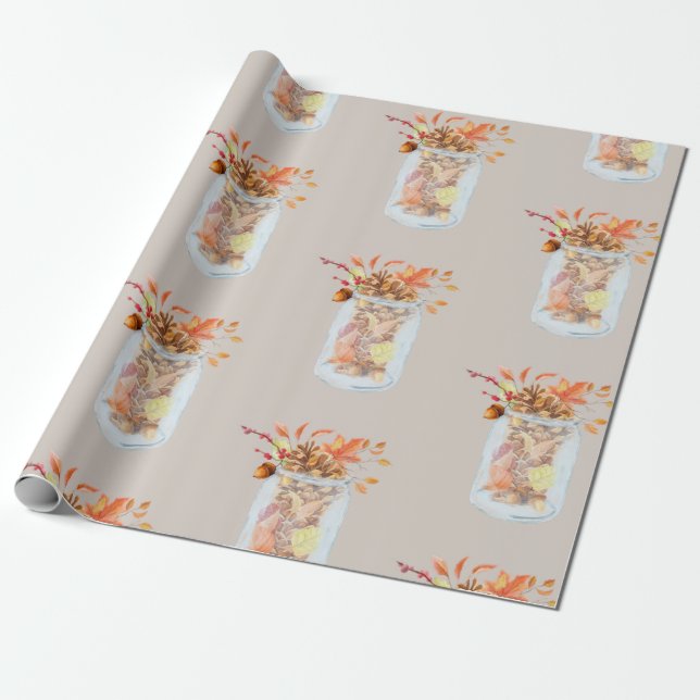 Fall Autumn Thanksgiving Mason Jar Rustic Pinecone Wrapping Paper (Unrolled)